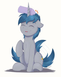 Size: 1588x1993 | Tagged: safe, artist:arcane-thunder, oc, oc only, oc:arcane thunder, pony, unicorn, cute, disembodied hoof, eyes closed, fangs, happy, head pat, horn, male, motion lines, pat, petting, simple background, sitting, smiling, stallion, tail, tail wag, unicorn oc, white background