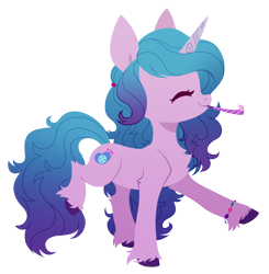 Size: 3000x3057 | Tagged: safe, artist:belka-sempai, izzy moonbow, pony, unicorn, g5, bracelet, colored eyelashes, cute, eyes closed, female, friendship bracelet, high res, izzybetes, jewelry, mare, mouth hold, noisemaker, party horn, simple background, smiling, solo, transparent background, unshorn fetlocks