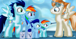 Size: 1980x1020 | Tagged: safe, artist:mlplary6, fire streak, rainbow dash, soarin', oc, oc:blue skies, oc:speedy dash, pegasus, pony, g4, backwards cutie mark, bag, colt, female, filly, flight camp, foal, friends, glasses, husband and wife, looking at each other, looking at someone, male, mare, offspring, parent:rainbow dash, parent:soarin', parents:soarindash, ship:soarindash, shipping, siblings, smiling, smiling at each other, stallion, straight, twins