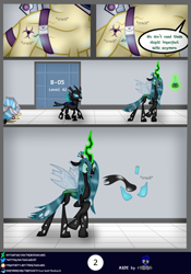 Size: 2560x3654 | Tagged: safe, artist:damlanil, queen chrysalis, changeling, goo, comic:new conversion strategy, g4, breaking, clothes, comic, commission, damlanil's lab, door, duo, female, flask, gloves, happy, hazmat suit, helmet, high res, horn, laboratory, latex, latex gloves, latex suit, levitation, living latex, magic, male, rubber, shiny, shoes, show accurate, smiling, speech bubble, suit, telekinesis, text, torn clothes, vector, walking, wings
