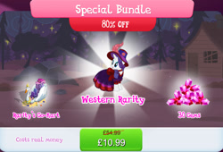 Size: 1265x860 | Tagged: safe, gameloft, rarity, pony, unicorn, g4, my little pony: magic princess, bundle, clothes, costs real money, dress, english, feather, female, gem, hat, horn, kart, mare, mobile game, numbers, sale, solo, text