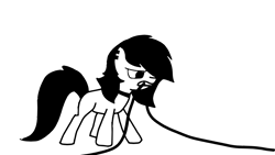 Size: 1071x606 | Tagged: safe, artist:bright skie, oc, oc only, oc:bright skie, earth pony, pony, accessory, angry, biting, black hair, black mane, collar, digital art, ear piercing, earring, earth pony oc, female, jewelry, mare, piercing, scowl, simple background, solo, standing, white background, white fur, wires