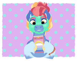 Size: 1280x1024 | Tagged: safe, artist:itstechtock, oc, oc:sunrise starshine, pony, bigender pride flag, female, magical lesbian spawn, mare, mud mask, offspring, parent:izzy moonbow, parent:sunny starscout, parents:moonscout, pride, pride flag, solo