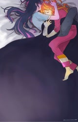 Size: 1242x1944 | Tagged: safe, artist:hiru3152, sci-twi, sunset shimmer, twilight sparkle, human, equestria girls, g4, barefoot, bed, clothes, feet, female, lesbian, pajamas, ship:sci-twishimmer, ship:sunsetsparkle, shipping, sleeping, snuggling