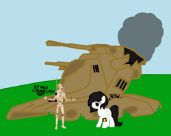 Size: 1120x887 | Tagged: safe, artist:bright skie, oc, oc:bright skie, pegasus, pony, robot, angry, armband, battle droid, black hair, black mane, crossover, digital art, disappointed, droid, duo, female, folded wings, grass, mare, pegasus oc, scowl, sky, smoke, standing, star wars, talking, tank (vehicle), text, white fur, wings