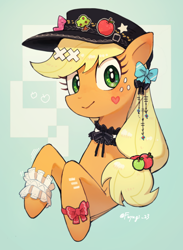 Size: 2200x3000 | Tagged: safe, artist:fuyugi, applejack, earth pony, pony, g4, abstract background, bow, cap, choker, female, freckles, garter, hair bow, hat, heart, high res, looking at you, mare, pin, signature, smiling, solo