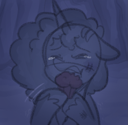 Size: 697x681 | Tagged: safe, anonymous artist, misty brightdawn, pony, unicorn, series:misty pov, g5, bruised, cornrows, crying, ears back, eating, eyes closed, female, food, herbivore, hoof hold, injured, jewelry, limited palette, mare, muffin, necklace, shaking, solo, teary eyes, unshorn fetlocks