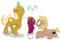 Size: 923x607 | Tagged: safe, artist:spatialheather, oc, oc only, oc:forty winks, oc:sunnyside up, oc:sunset spark, earth pony, pony, unicorn, concave belly, egg (food), emaciated, food, lying down, prone, ribs, simple background, skinny, spine, thin, transparent background, trio