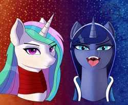 Size: 2800x2300 | Tagged: safe, artist:kpapwiss, princess celestia, princess luna, alicorn, pony, g4, bust, clothes, dota 2, drool, drool string, duo, duo female, eye clipping through hair, eyebrows, eyebrows visible through hair, female, high res, looking at you, mare, open mouth, open smile, royal sisters, siblings, signature, simple background, sisters, smiling, smiling at you, smirk