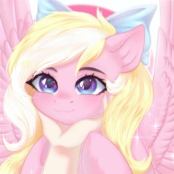 Size: 2100x2100 | Tagged: safe, artist:kawi_pie, oc, oc only, oc:bay breeze, pegasus, pony, blushing, bow, cute, female, hair bow, hand, high res, mare, ocbetes, pegasus oc, simple background, spread wings, wings