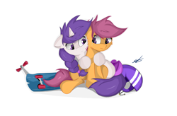 Size: 2872x1880 | Tagged: safe, artist:groomlake, scootaloo, oc, oc:snowie aura, pegasus, pony, unicorn, g4, bow, comforting, crying, female, filly, foal, helmet, hug, injured, simple background, tail, tail bow, white background