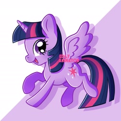 Size: 2700x2700 | Tagged: safe, artist:edgyanimator, derpibooru exclusive, part of a set, twilight sparkle, alicorn, pony, g4, alicorn wings, bangs, blue hair, blue mane, blue tail, cel shading, chibi, colored, colored lineart, cute, digital art, drop shadow, eyelashes, female, firealpaca, full body, happy, high res, horn, looking sideways, looking to the right, mare, multicolored hair, multicolored mane, multicolored tail, open mouth, open smile, profile, purple background, purple coat, purple eyes, purple fur, quadrupedal, raised hoof, raised hooves, shading, signature, simple background, simple shading, smiling, solo, spread wings, straight hair, straight mane, tail, twilight sparkle (alicorn), wings
