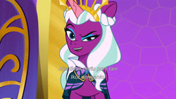 Size: 3072x1727 | Tagged: safe, screencap, opaline arcana, alicorn, pony, g5, my little pony: tell your tale, opaline alone, spoiler:g5, spoiler:my little pony: tell your tale, spoiler:tyts01e50, eyebrows, female, indonesian, mare, opaline (song), open mouth, open smile, raised eyebrow, smiling, solo, subtitles