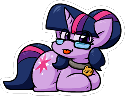 Size: 970x741 | Tagged: safe, artist:zutcha, sci-twi, twilight sparkle, pony, unicorn, equestria girls, g4, :p, collar, equestria girls ponified, eye clipping through hair, female, glasses, looking at you, lying down, mare, outline, pet tag, pettwi, pony pet, ponyloaf, prone, sci-twiabetes, simple background, solo, tongue out, transparent background, unicorn sci-twi