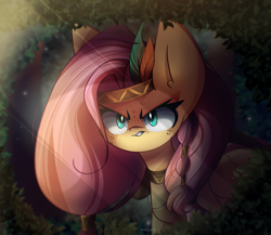 Size: 2300x2000 | Tagged: safe, artist:miryelis, fluttershy, pegasus, pony, g4, big ears, feather, forest, hairpin, headband, high res, leaves, long hair, makeup, pigtails, solo, standing, stare