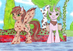 Size: 2246x1574 | Tagged: safe, artist:assertiveshypony, pick-a-lily, oc, oc:dusty sandwind, earth pony, pegasus, pony, g4, birch tree, brick, brick wall, clothes, cloud, cypress tree, flower, flower in hair, garden, looking at you, pegasus oc, rose, scarf, traditional art, tree