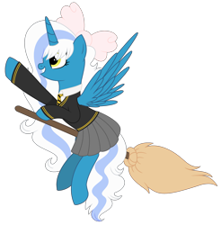 Size: 2863x2911 | Tagged: safe, artist:cindystarlight, oc, oc only, oc:fleurbelle, alicorn, pony, alicorn oc, bow, broom, clothes, female, hair bow, high res, horn, mare, school uniform, simple background, solo, transparent background, wings, yellow eyes