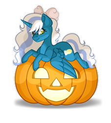 Size: 1000x1100 | Tagged: safe, artist:blacklight-fox, oc, oc only, oc:fleurbelle, alicorn, pony, alicorn oc, bow, female, hair bow, horn, mare, pumpkin, simple background, sitting, smiling, solo, transparent background, wings, yellow eyes