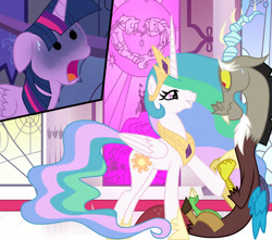Size: 950x841 | Tagged: safe, artist:utts, discord, princess celestia, twilight sparkle, alicorn, draconequus, pony, g4, canterlot castle, crown, dominant female, female, horn, interspecies, jewelry, looking at each other, looking at someone, male, nervous, open mouth, regalia, ship:dislestia, shipping, shocked, shocked expression, show accurate, stained glass, straight, sweat, sweatdrop, twilight sparkle (alicorn), unexpected