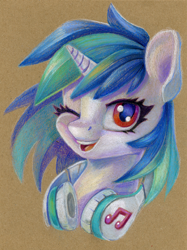 Size: 896x1200 | Tagged: safe, artist:maytee, part of a set, dj pon-3, vinyl scratch, pony, unicorn, g4, bust, colored pencil drawing, headphones, missing accessory, one eye closed, portrait, smiling, solo, traditional art, wink