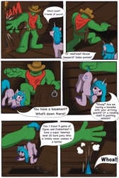 Size: 2604x3876 | Tagged: safe, artist:cactuscowboydan, izzy moonbow, oc, unnamed oc, pony, unicorn, comic:the good the bad and the pony, g5, cactus, comic, cowboy hat, dialogue, dropping, duo, hat, high res, hooves, story included, tail, tail pull, trapdoor