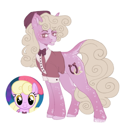 Size: 1000x1000 | Tagged: safe, artist:kazmuun, luckette, earth pony, pony, series:kazmuun's drawing every pony, g4, alternate design, bowtie, clothes, colored eyelashes, colored hooves, colored pinnae, ear fluff, ear freckles, ear tufts, eyebrows, eyebrows visible through hair, female, freckles, gradient legs, hat, hooves, leg freckles, looking at you, magenta eyelashes, mare, necktie, pale belly, quadrupedal, redesign, screencap reference, shirt, simple background, solo, standing, transparent background, turned head, white pupils