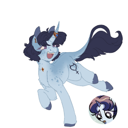 Size: 1000x1000 | Tagged: safe, artist:kazmuun, idw, aqua mist, pony, unicorn, series:kazmuun's drawing every pony, g4, alternate design, chest fluff, colored eyelashes, colored hooves, colored pinnae, countershading, ear piercing, earring, eye clipping through hair, eyebrows, eyebrows visible through hair, female, hooves, horn, horn ring, jewelry, leonine tail, mare, no pupils, open mouth, open smile, piercing, purple eyelashes, quadrupedal, redesign, ring, running, sailor mercury, sailor moon (series), simple background, smiling, solo, sparkles, tail, transparent background, turned head