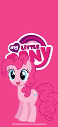 Size: 1125x2436 | Tagged: safe, artist:g195, pinkie pie, earth pony, pony, g4, my little pony logo, pink background, simple background, solo, wallpaper