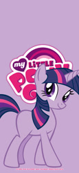 Size: 1125x2436 | Tagged: safe, artist:g195, twilight sparkle, pony, unicorn, g4, missing cutie mark, my little pony logo, purple background, simple background, solo, unicorn twilight, wallpaper