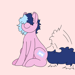 Size: 2048x2048 | Tagged: safe, artist:zugatti69, oc, oc only, earth pony, pony, blue mane, gift art, hair over eyes, happy, high res, obscured face, pink background, simple background, solo, tail, tail wag