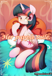 Size: 1002x1450 | Tagged: safe, alternate version, artist:maren, twilight sparkle, alicorn, pony, g4, 2014, cover, doujin, engrish, female, frown, looking at you, looking back, looking back at you, lying down, mare, old art, on side, pointing at self, sitting, solo, twilight sparkle (alicorn)