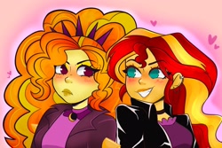 Size: 2048x1369 | Tagged: safe, artist:indigohatetrain, adagio dazzle, sunset shimmer, human, equestria girls, g4, blushing, choker, clothes, collar, duo, ear piercing, earring, female, grin, heart, jacket, jewelry, leather, leather jacket, lesbian, looking at each other, looking at someone, piercing, ship:sunsagio, shipping, shirt, smiling