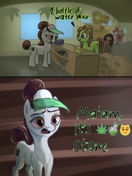 Size: 2447x3256 | Tagged: safe, artist:ciborgen, pinkie pie, tree hugger, oc, earth pony, pony, g4, 2 panel comic, 420, bags under eyes, bloodshot eyes, comic, dialogue, drugs, emoji, female, gun, handgun, high, high res, maneki-neko, mare, marijuana, store, visor cap, water bottle