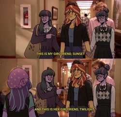 Size: 2048x1985 | Tagged: safe, artist:cardigansandcats, sci-twi, starlight glimmer, sunset shimmer, twilight sparkle, human, equestria girls, g4, clothes, female, lesbian, meme, parks and recreation, photo, polyamory, ship:sci-twishimmer, ship:sunset twiangle, ship:sunsetsparkle, shipping, text, twolight