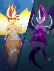 Size: 2200x2882 | Tagged: safe, artist:spicyredfox, sci-twi, sunset shimmer, twilight sparkle, human, equestria girls, g4, breasts, busty sci-twi, busty sunset shimmer, daydream shimmer, duo, duo female, female, fighting stance, floating, high res, horns, midnight sparkle, sparks, wings