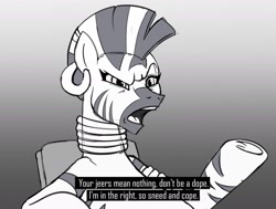 Size: 2000x1508 | Tagged: safe, artist:greenybeanz, zecora, zebra, g4, caption, female, frown, gradient background, grayscale, half body, mare, monochrome, open mouth, rhyme, solo, talking, text, why are you booing me i'm right