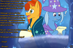 Size: 1810x1182 | Tagged: safe, artist:tastytales, sunburst, trixie, pony, unicorn, g4, cape, cloak, clothes, didn't think this through, duo, exclamation point, female, hat, imminent digestion, internal, male, mare, stallion, sunburst's cloak, this will end in death, trixie prey, trixie's cape, trixie's hat, vore