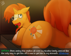 Size: 1905x1500 | Tagged: safe, artist:tastytales, sunburst, pony, unicorn, g4, apple, apple gag, butt, cooked alive, cooking, food, gag, glasses, implied cannibalism, implied vore, male, offscreen character, plot, solo, stallion, sweat, worried