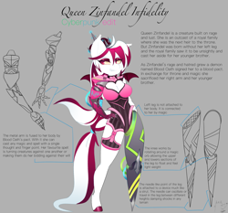 Size: 2200x2047 | Tagged: safe, artist:spicyredfox, oc, oc:queen zinfandel infidelity, bat pony, anthro, amputee, crown, evil grin, grin, high res, jewelry, prosthetic arm, prosthetic leg, prosthetic limb, prosthetics, red eyes, reference sheet, regalia, smiling, solo, white coat, wings