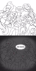 Size: 2000x3902 | Tagged: safe, artist:greenybeanz, lightning dust, starlight glimmer, sunset shimmer, suri polomare, tempest shadow, trixie, oc, oc:anon, earth pony, human, pegasus, pony, unicorn, g4, anon gets all the mares, bed, female, gone horribly right, high res, hug, limited palette, lucky bastard, male, red eyes, sleeping, straight, this will end in snu snu
