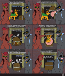 Size: 3224x3750 | Tagged: safe, artist:tastytales, oc, oc only, abyssinian, diamond dog, mimic, pony, unicorn, butt, cape, chest fluff, clothes, collar, comic, eaten alive, eyepatch, glasses, high res, male, plot, tongue out, vest, vore