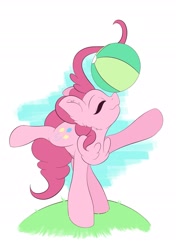 Size: 1595x2267 | Tagged: safe, artist:eventseem, pinkie pie, earth pony, pony, g4, balancing, ball, female, floppy ears, grass, mare, ponies balancing stuff on their nose, smiling, solo