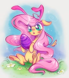 Size: 1818x2048 | Tagged: safe, artist:rozmed, fluttershy, pegasus, pony, g4, belly, bunny ears, easter egg, female, long mane, mare, round belly, solo