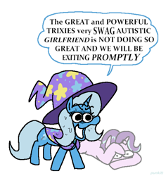 Size: 2164x2292 | Tagged: safe, artist:punkittdev, starlight glimmer, trixie, pony, unicorn, g4, to where and back again, autism, cape, clothes, covering face, cowering, dialogue, duo, duo female, female, hat, high res, humor, lesbian, mare, nervous sweat, open mouth, ship:startrix, shipping, simple background, speech bubble, talking, trixie's cape, trixie's hat, white background