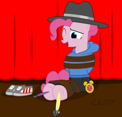 Size: 8192x7819 | Tagged: safe, artist:cardshark777, pinkie pie, earth pony, pony, g4, arm behind back, bondage, clothes, curtains, discarded clothing, feather, female, hat, helpless, hoodie, hoof tickling, hooves behind back, laughing, levitation, magic, magic glow, mare, one eye closed, pants, pink coat, pink mane, rapper pie, rope, rope bondage, shoes off, shoes removed, signature, solo, stage, telekinesis, tickle torture, tickling, tied up, watch