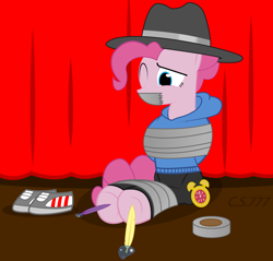 Size: 8192x7819 | Tagged: safe, alternate version, artist:cardshark777, pinkie pie, earth pony, pony, g4, arm behind back, bondage, clothes, curtains, discarded clothing, duct tape, feather, female, gag, hat, helpless, hoodie, hoof tickling, hooves behind back, laughing, levitation, magic, magic glow, mare, one eye closed, pants, pink coat, pink mane, rapper pie, shoes off, shoes removed, signature, solo, stage, tape, tape bondage, tape gag, telekinesis, tickle torture, tickling, tied up, watch