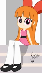 Size: 629x1080 | Tagged: safe, artist:rjp.rammy, part of a set, apple bloom, human, equestria girls, g4, my little pony equestria girls: friendship games, blossom (powerpuff girls), bow, canterlot high, clothes, cute, cute smile, equestria girls-ified, female, hair bow, looking at you, ponytail, powerpuff girls 2016, signature, sitting, smiling, smiling at you, solo, stairs, the powerpuff girls