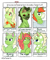 Size: 1423x1699 | Tagged: safe, artist:mscolorsplash, granny smith, tree hugger, alicorn, earth pony, pony, seahorse, undead, zombie, zombie pony, anthro, g4, animal crossing, anthro with ponies, buck (animal crossing), crossover, female, green, male, mare, minecraft, mystery, neopets, ponified, six fanarts, spongebob squarepants, stallion, young granny smith, younger
