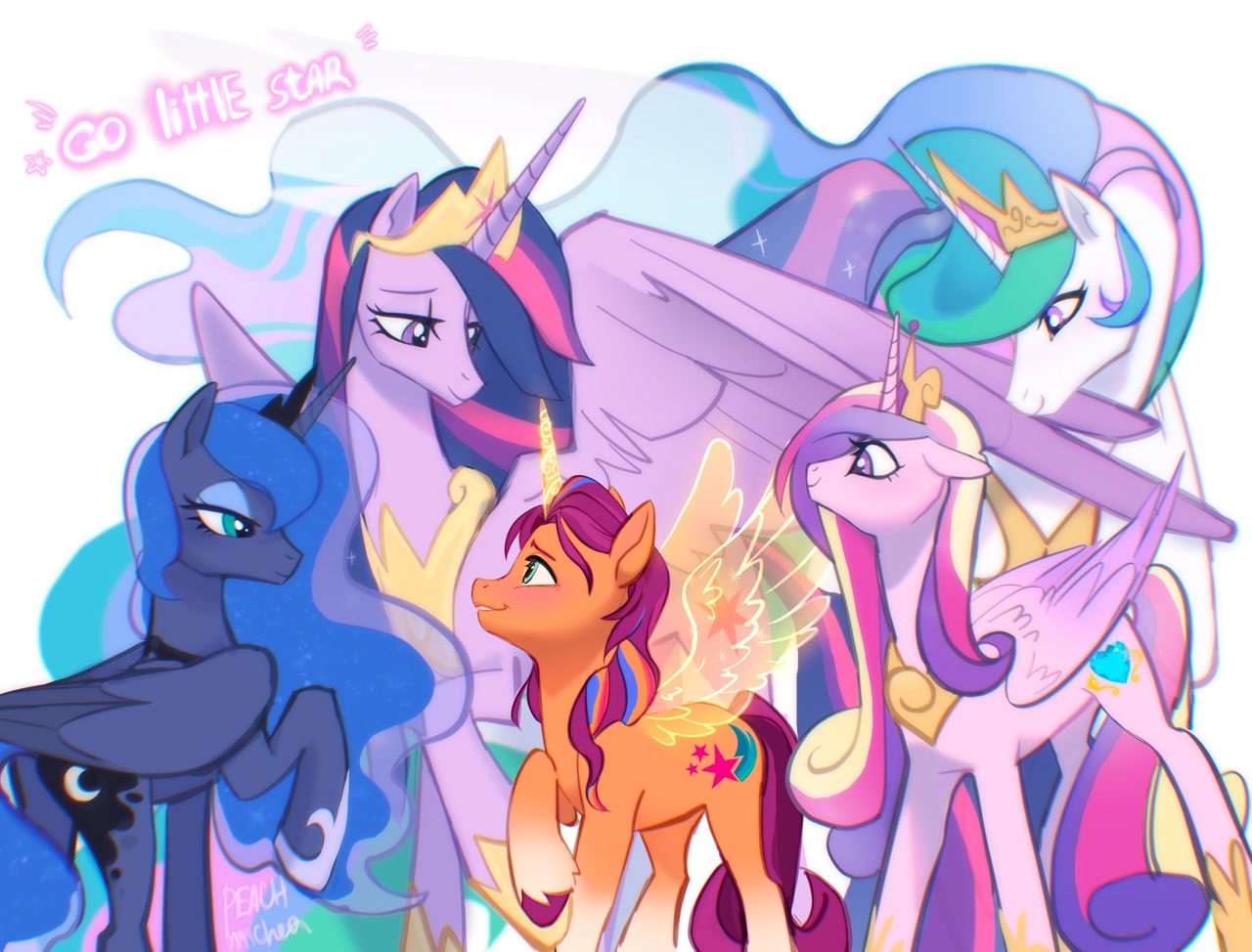[alicorn,artificial wings,augmented,crown,female,future twilight,g5,grin,group,horn,jewelry,magic,magic wings,mare,older,pony,princess cadance,princess celestia,princess luna,race swap,raised hoof,safe,tail,twilight sparkle,unshorn fetlocks,wings,height difference,looking at each other,artificial horn,encouragement,regalia,sweet dreams fuel,ethereal mane,older twilight,alicorn tetrarchy,peytral,hoof shoes,smiling,coat markings,wholesome,quintet,twilight sparkle (alicorn),ethereal tail,magic horn,looking at someone,the last problem,princess twilight 2.0,socks (coat markings),sunny starscout,sunnycorn,sunny and her heroine,artist:peachmichea]