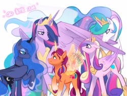 Size: 3432x2612 | Tagged: safe, artist:peachmichea, princess cadance, princess celestia, princess luna, sunny starscout, twilight sparkle, alicorn, pony, g4, g5, the last problem, alicorn tetrarchy, artificial horn, artificial wings, augmented, coat markings, crown, encouragement, ethereal mane, ethereal tail, female, grin, group, height difference, high res, hoof shoes, horn, jewelry, looking at each other, looking at someone, magic, magic horn, magic wings, mane stripe sunny, mare, older, older twilight, older twilight sparkle (alicorn), peytral, princess twilight 2.0, quintet, race swap, raised hoof, regalia, smiling, socks (coat markings), sunny and her heroine, sunnycorn, sweet dreams fuel, tail, twilight sparkle (alicorn), unshorn fetlocks, wholesome, wings